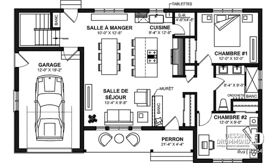 Rez-de-chaussée - Charmant plan de maison plain-pied farmhouse 2 chambres, aire ouverte et grand balcon avant abrité. - Koa