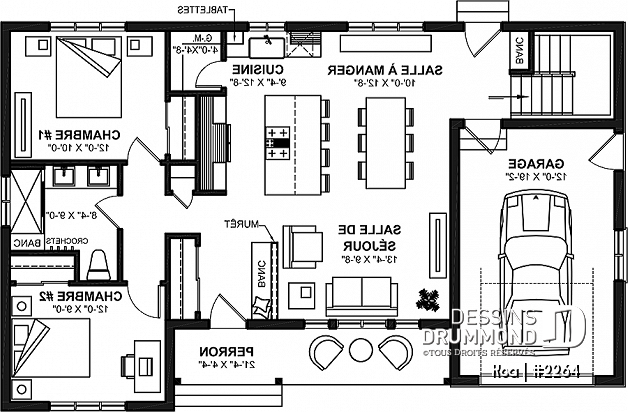 Rez-de-chaussée - Plan de maison avec 2 grandes chambres, aire ouverte, cuisine avec îlot, garage, galerie abritée - Koa