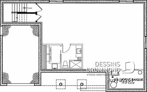 Sous-sol - Plan de maison avec 2 grandes chambres, aire ouverte, cuisine avec îlot, garage, galerie abritée - Koa