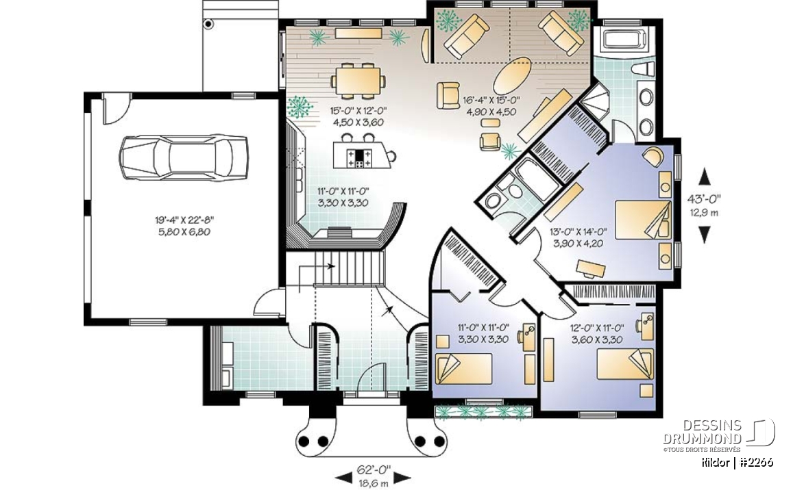 Rez-de-chaussée - Modèle de plain-pied avec 3 chambres, garage double, à aire ouverte, guanderie, grande chambre des parents - Kildor