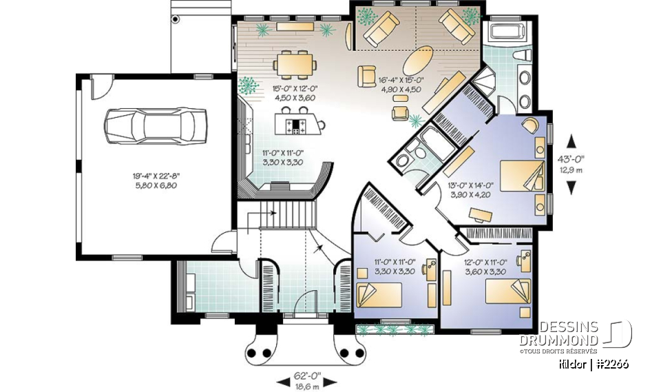 Rez-de-chaussée - Modèle de plain-pied avec 3 chambres, garage double, à aire ouverte, guanderie, grande chambre des parents - Kildor