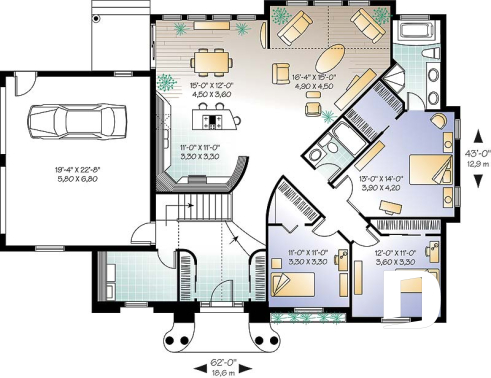 Rez-de-chaussée - Modèle de plain-pied avec 3 chambres, garage double, à aire ouverte, guanderie, grande chambre des parents - Kildor