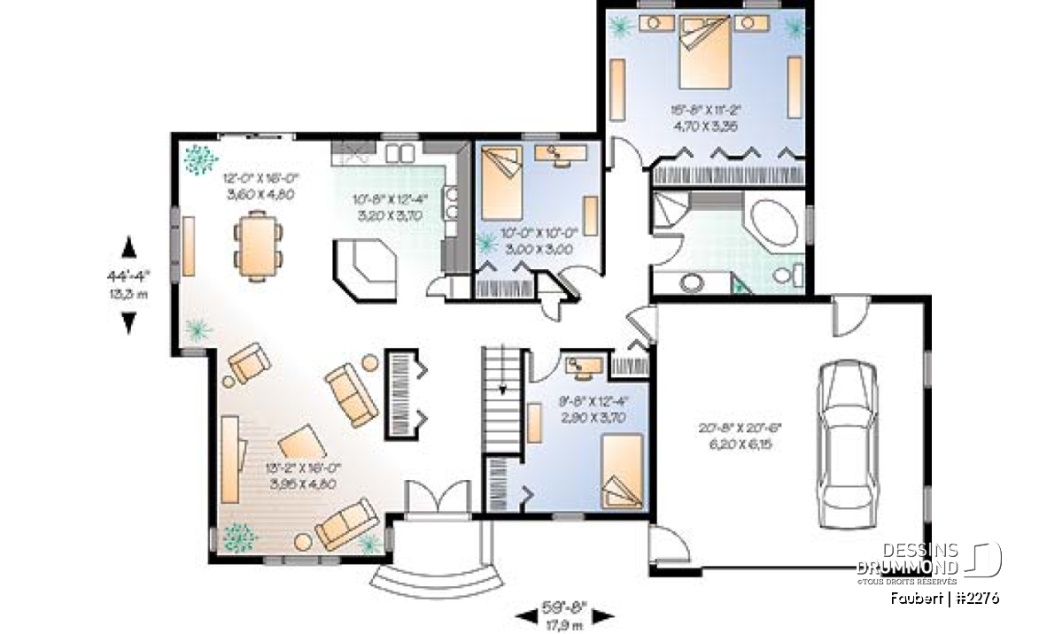 Rez-de-chaussée - Plan de bungalow confortable, 3 chambres (ou 2 chambres + bureau), garage double - Faubert