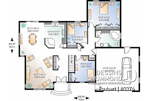 Rez-de-chaussée - Plan de bungalow confortable, 3 chambres (ou 2 chambres + bureau), garage double - Faubert