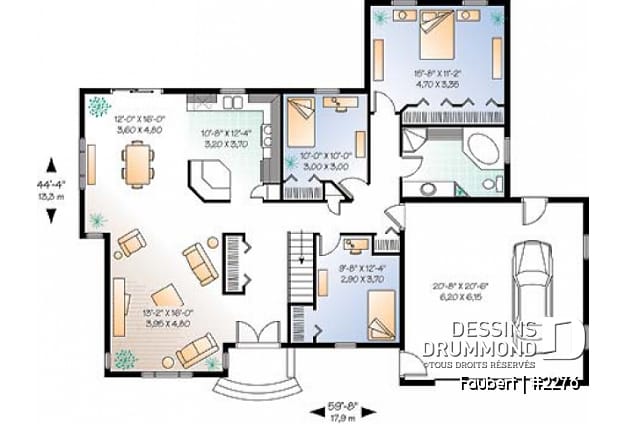 Rez-de-chaussée - Plan de bungalow confortable, 3 chambres (ou 2 chambres + bureau), garage double - Faubert
