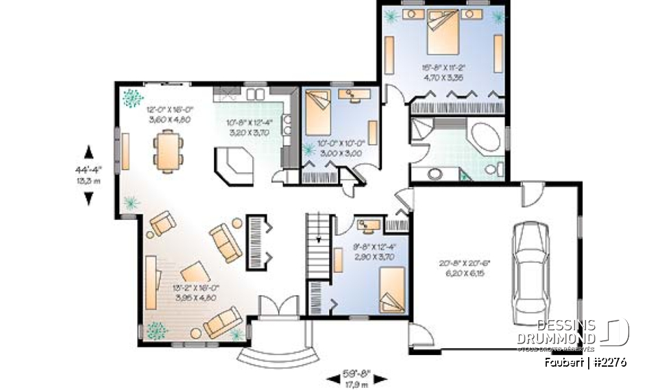 Rez-de-chaussée - Plan de bungalow confortable, 3 chambres (ou 2 chambres + bureau), garage double - Faubert