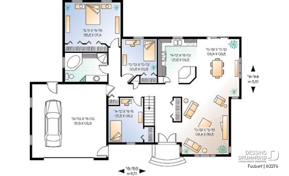 Rez-de-chaussée - Plan de bungalow confortable, 3 chambres (ou 2 chambres + bureau), garage double - Faubert