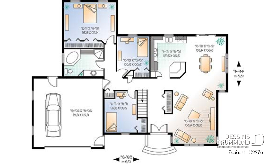 Rez-de-chaussée - Plan de bungalow confortable, 3 chambres (ou 2 chambres + bureau), garage double - Faubert