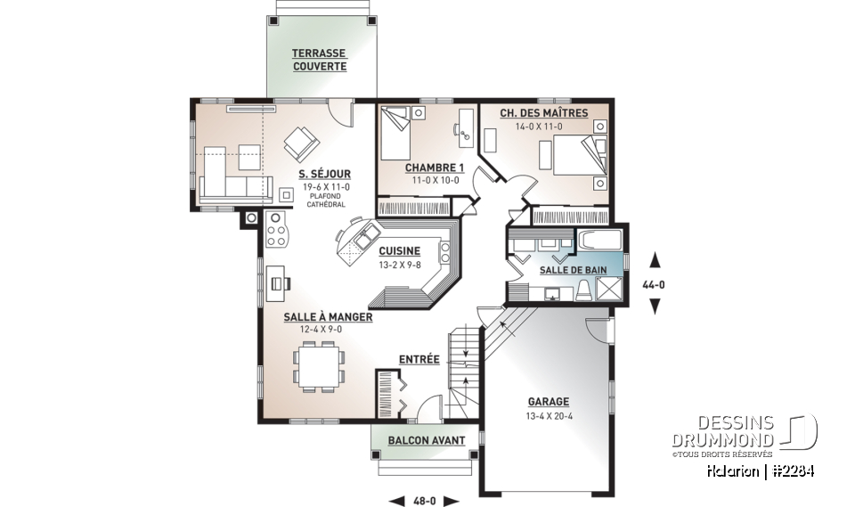 Rez-de-chaussée - Plain-pied champêtre lumineux avec espace boni, garage, plafond cathédrale et sous-sol évolutif - Halarion