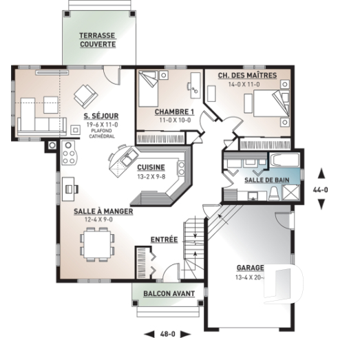 Rez-de-chaussée - Plain-pied champêtre lumineux avec espace boni, garage, plafond cathédrale et sous-sol évolutif - Halarion