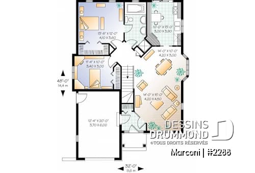 Rez-de-chaussée - Maison 1 étage, style Européen, 2 chambres, vestibule, garage simple - Marconi