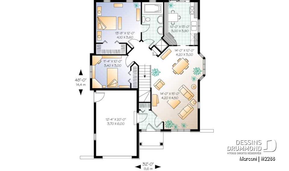 Rez-de-chaussée - Maison 1 étage, style Européen, 2 chambres, vestibule, garage simple - Marconi