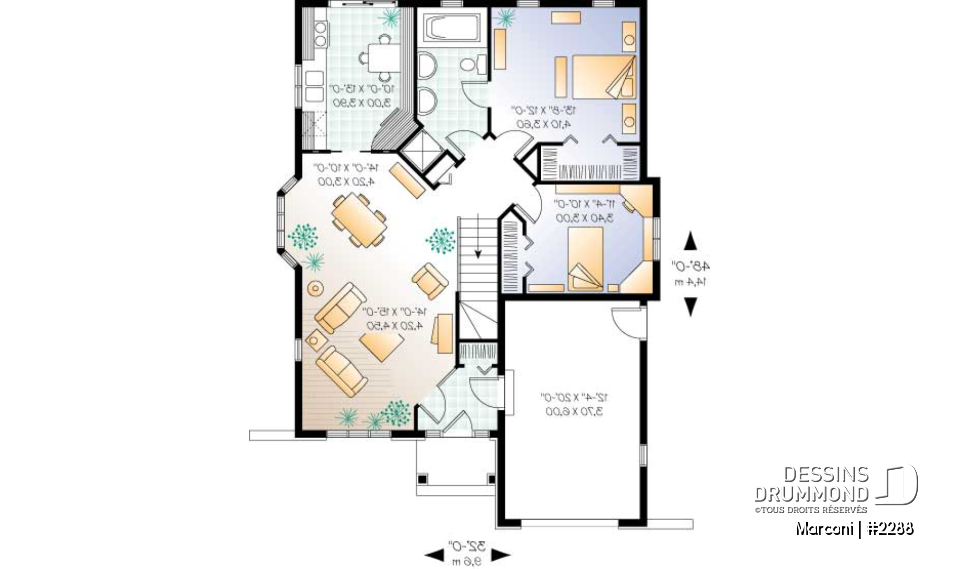 Rez-de-chaussée - Maison 1 étage, style Européen, 2 chambres, vestibule, garage simple - Marconi