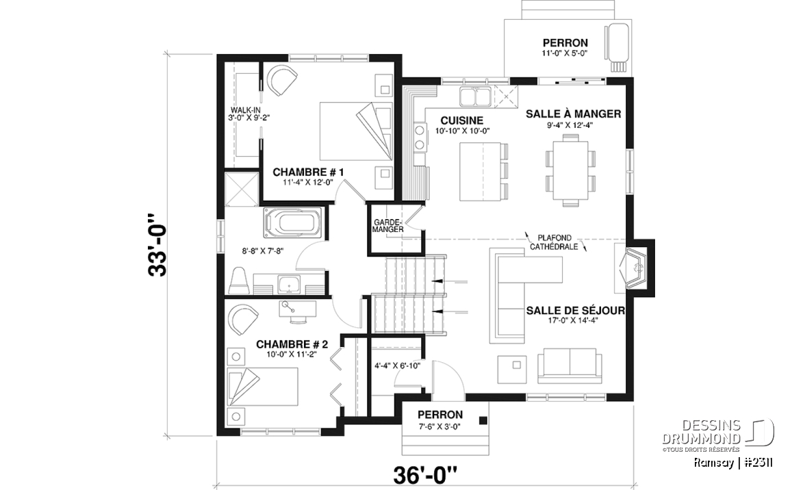 Rez-de-chaussée - Plan de maison moderne 2 à 4 chambres, 2 salles de séjour, plafond cathédrale, garde-manger et vestiaire - Ramsay