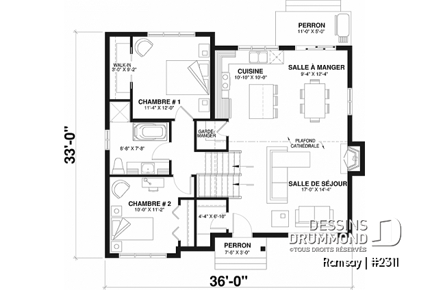 Rez-de-chaussée - Plan de maison moderne 3-4 chambres, 2 salles de séjour, plafond cathédrale, garde-manger et vestiaire - Ramsay