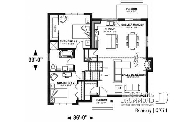 Rez-de-chaussée - Plan de maison moderne 3, 4 chambres, 2 salles de séjour, plafond cathédrale, garde-manger et vestiaire - Ramsay