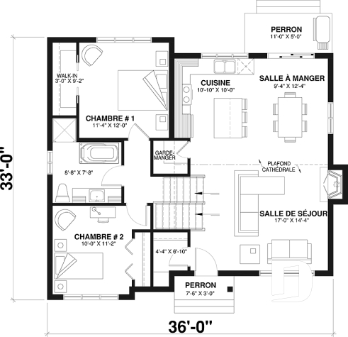 Rez-de-chaussée - Plan de maison moderne 2 à 4 chambres, 2 salles de séjour, plafond cathédrale, garde-manger et vestiaire - Ramsay