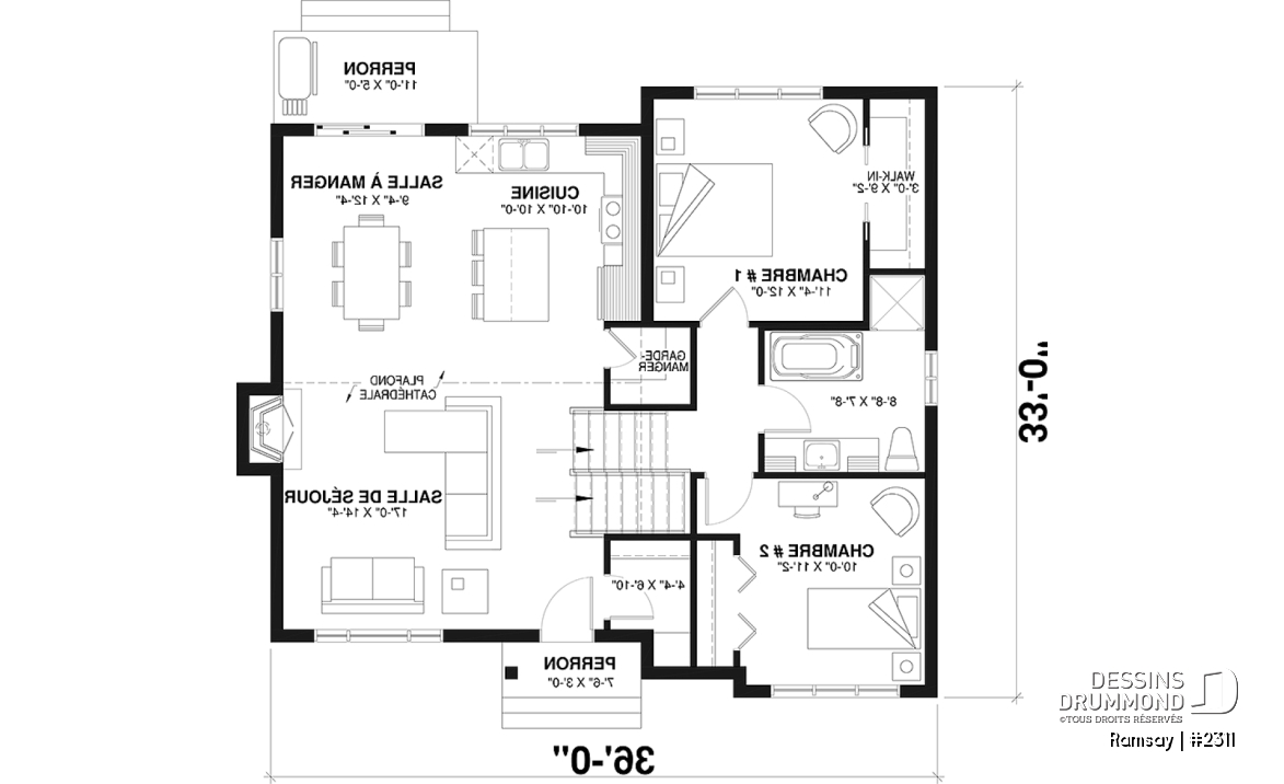 Rez-de-chaussée - Plan de maison moderne 2 à 4 chambres, 2 salles de séjour, plafond cathédrale, garde-manger et vestiaire - Ramsay