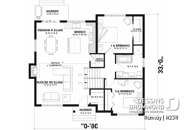 Rez-de-chaussée - Plan de maison moderne 3-4 chambres, 2 salles de séjour, plafond cathédrale, garde-manger et vestiaire - Ramsay