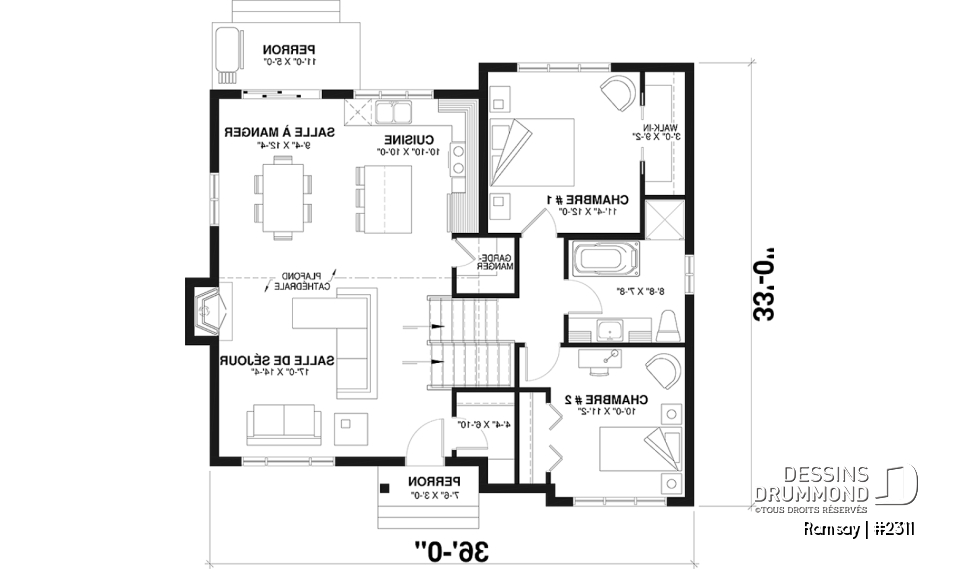 Rez-de-chaussée - Plan de maison moderne 2 à 4 chambres, 2 salles de séjour, plafond cathédrale, garde-manger et vestiaire - Ramsay