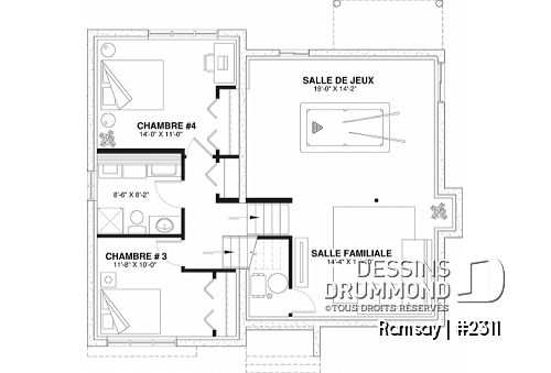 Sous-sol - Plan de maison moderne 3-4 chambres, 2 salles de séjour, plafond cathédrale, garde-manger et vestiaire - Ramsay