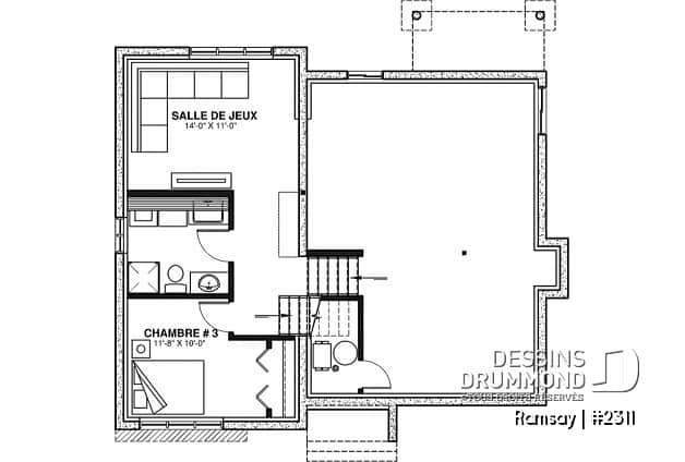Sous-sol - Plan de maison moderne 3, 4 chambres, 2 salles de séjour, plafond cathédrale, garde-manger et vestiaire - Ramsay