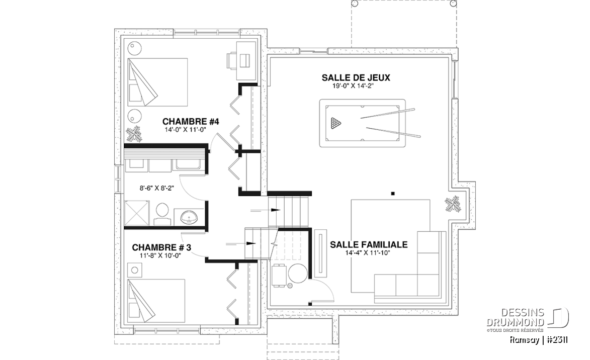 Sous-sol aménagé - Plan de maison moderne 2 à 4 chambres, 2 salles de séjour, plafond cathédrale, garde-manger et vestiaire - Ramsay