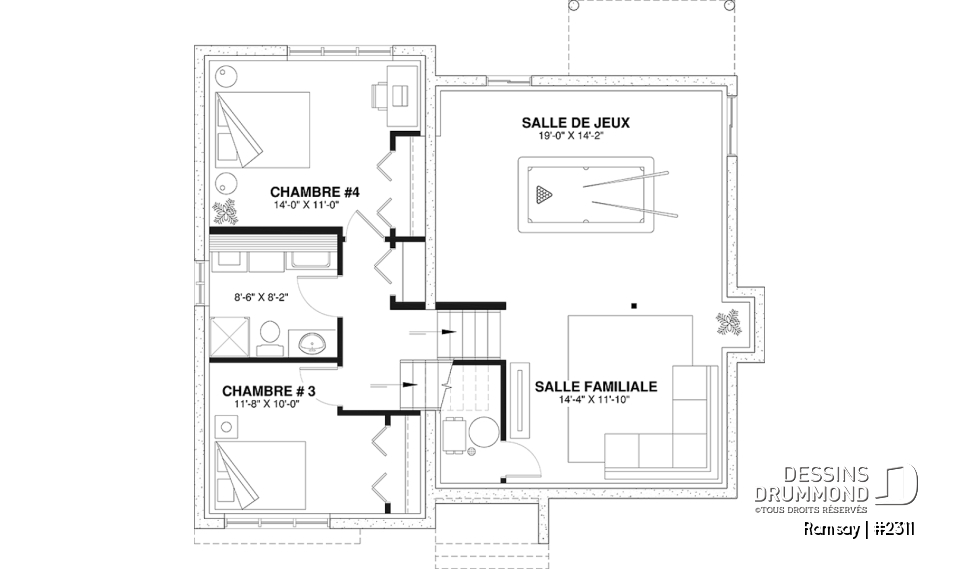 Sous-sol aménagé - Plan de maison moderne 2 à 4 chambres, 2 salles de séjour, plafond cathédrale, garde-manger et vestiaire - Ramsay