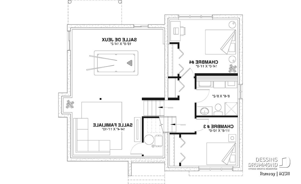 Sous-sol aménagé - Plan de maison moderne 2 à 4 chambres, 2 salles de séjour, plafond cathédrale, garde-manger et vestiaire - Ramsay