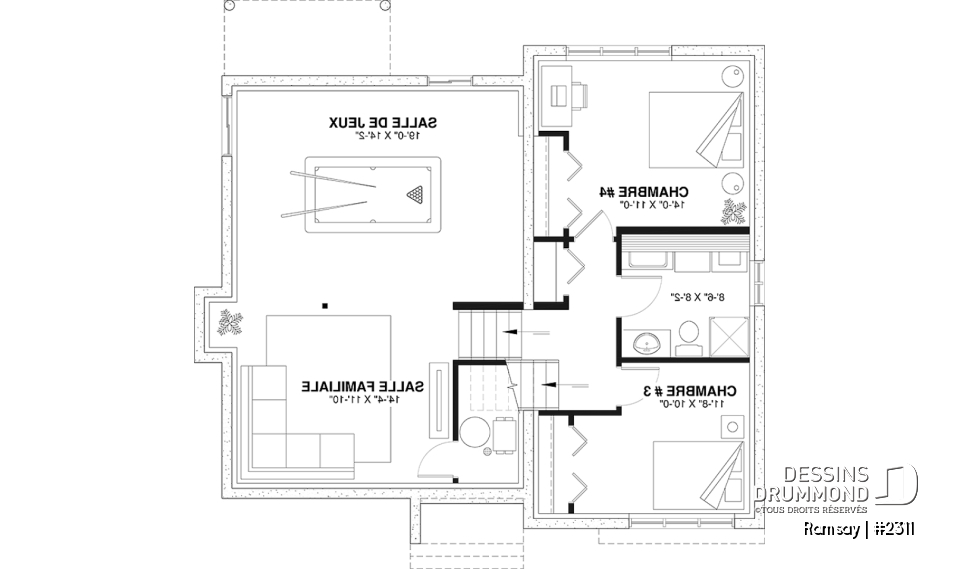 Sous-sol aménagé - Plan de maison moderne 2 à 4 chambres, 2 salles de séjour, plafond cathédrale, garde-manger et vestiaire - Ramsay
