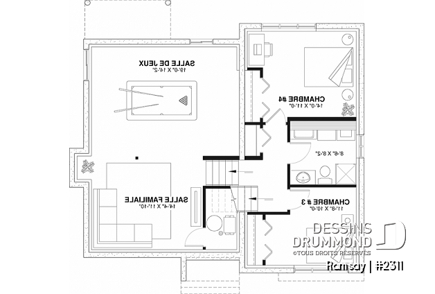 Sous-sol - Plan de maison moderne 3-4 chambres, 2 salles de séjour, plafond cathédrale, garde-manger et vestiaire - Ramsay