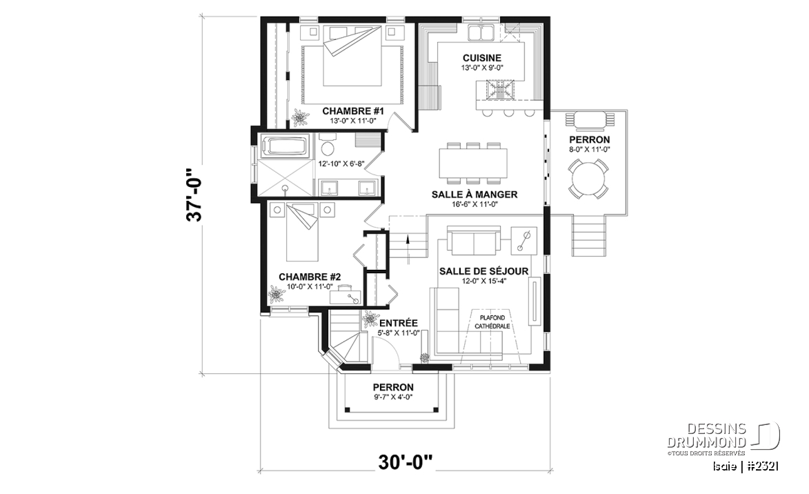 Rez-de-chaussée - Plan maison contemporaine 2 chambres, abordable, grand salon, salle de bain accessible de la chambre parents - Isaie