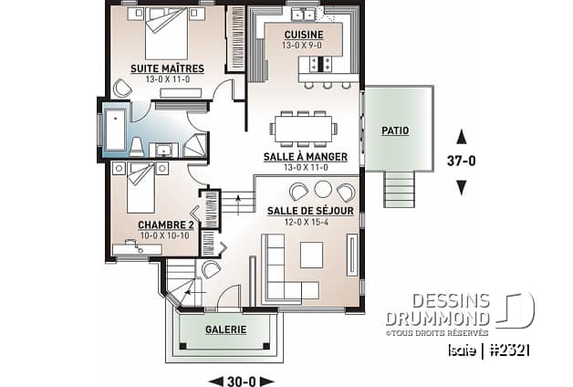 Rez-de-chaussée - Plan maison contemporaine 2 chambres, abordable, grand salon, salle de bain accessible de la chambre parents - Isaie