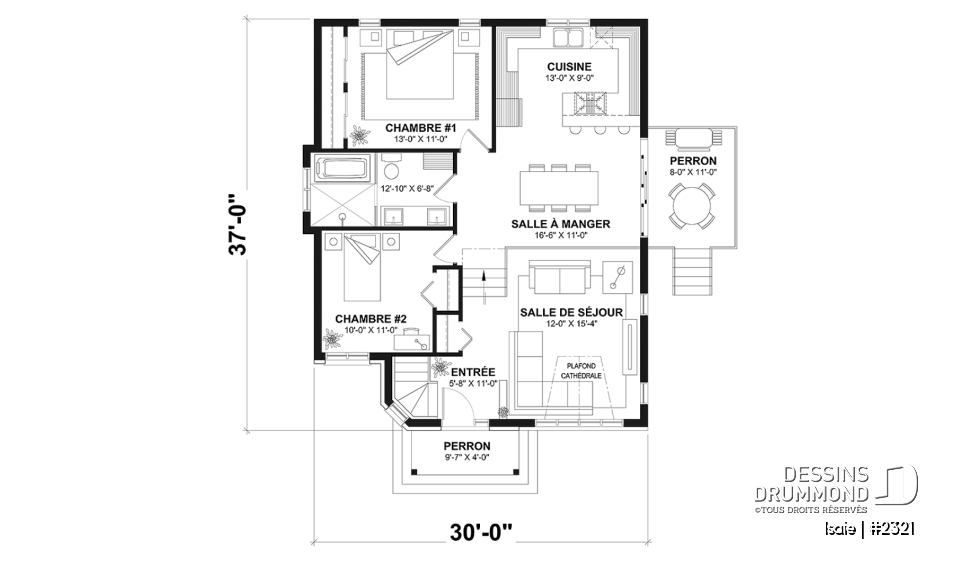 Rez-de-chaussée - Plan maison contemporaine 2 chambres, abordable, grand salon, salle de bain accessible de la chambre parents - Isaie