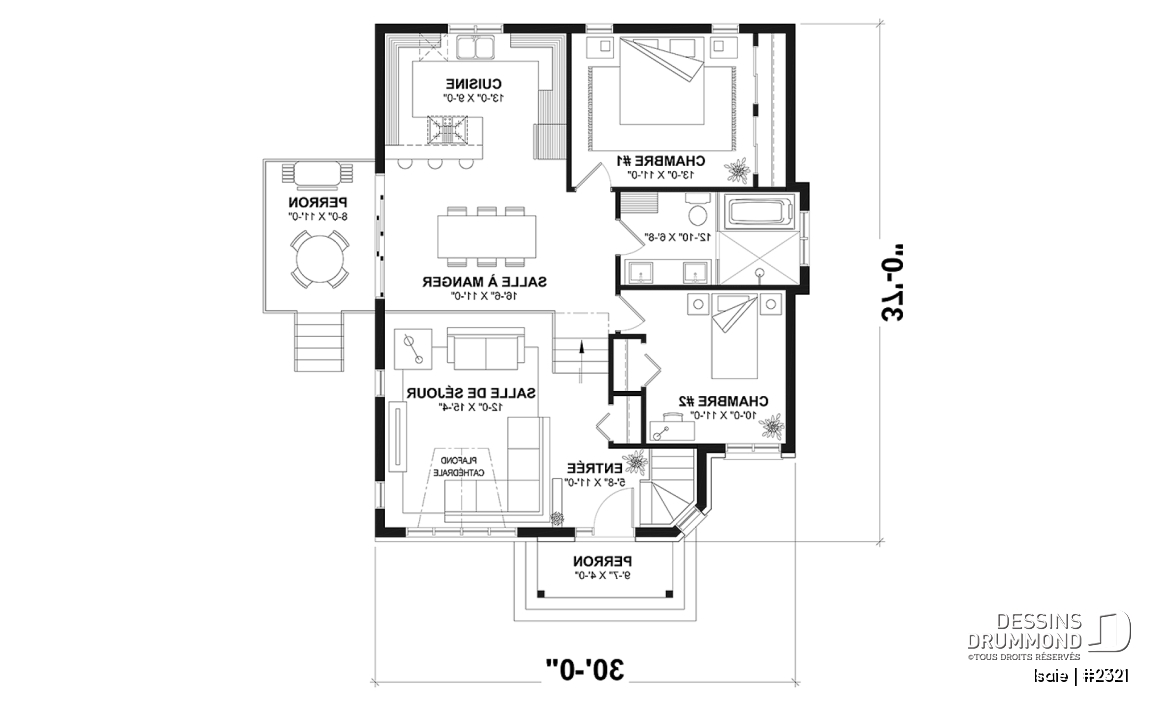 Rez-de-chaussée - Plan maison contemporaine 2 chambres, abordable, grand salon, salle de bain accessible de la chambre parents - Isaie