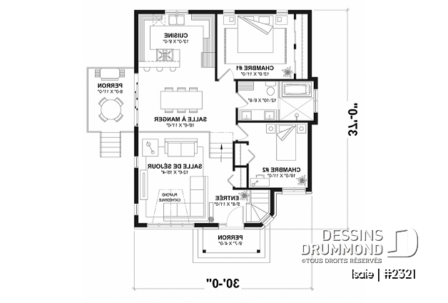 Rez-de-chaussée - Plan maison contemporaine 2 chambres, abordable, grand salon, salle de bain accessible de la chambre parents - Isaie