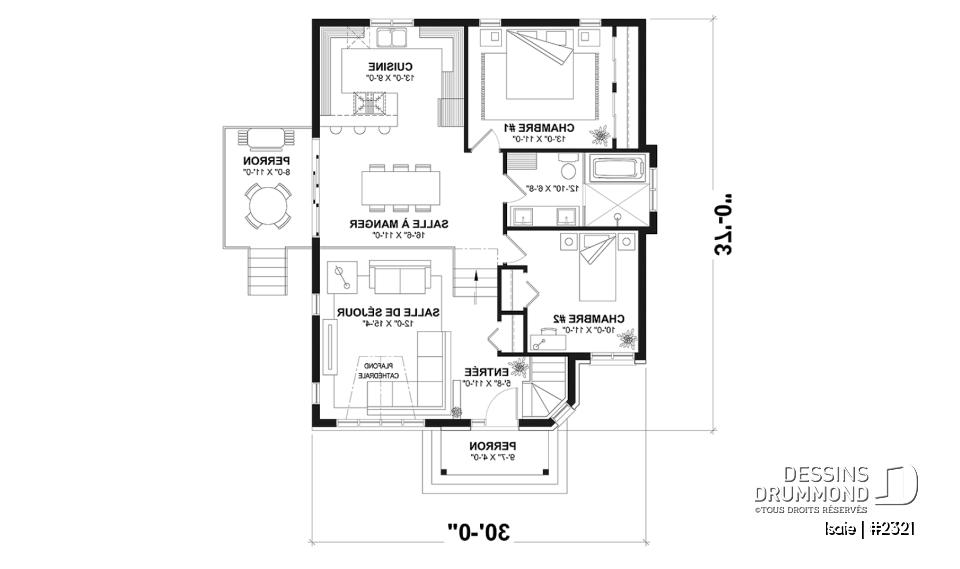 Rez-de-chaussée - Plan maison contemporaine 2 chambres, abordable, grand salon, salle de bain accessible de la chambre parents - Isaie