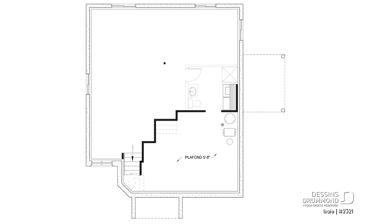 Sous-sol aménageable - Plan maison contemporaine 2 chambres, abordable, grand salon, salle de bain accessible de la chambre parents - Isaie