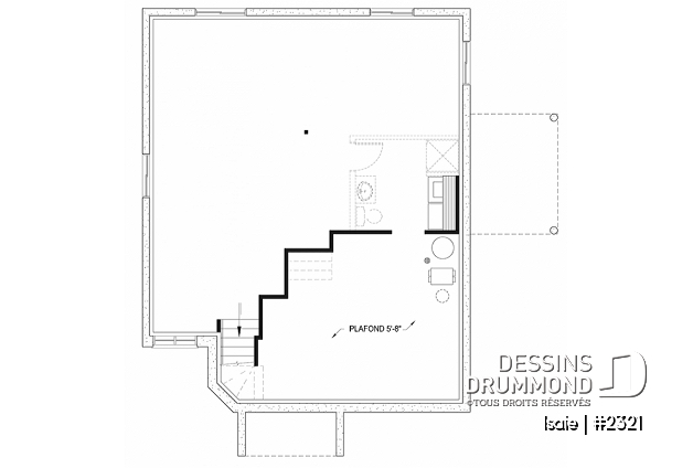 Sous-sol aménageable - Plan maison contemporaine 2 chambres, abordable, grand salon, salle de bain accessible de la chambre parents - Isaie
