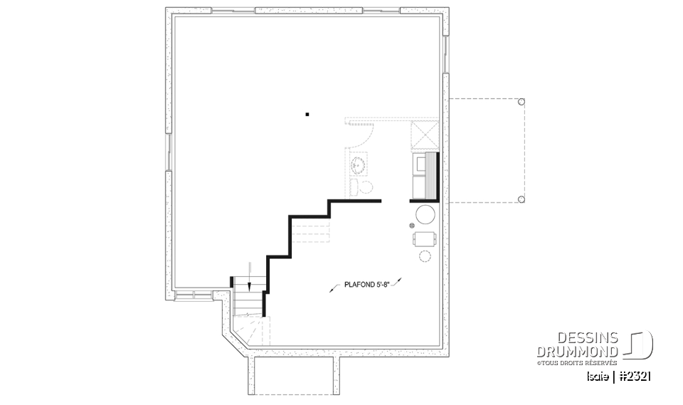 Sous-sol aménageable - Plan maison contemporaine 2 chambres, abordable, grand salon, salle de bain accessible de la chambre parents - Isaie