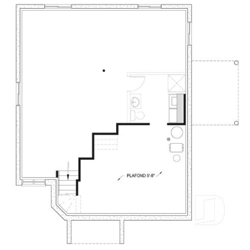 Sous-sol aménageable - Plan maison contemporaine 2 chambres, abordable, grand salon, salle de bain accessible de la chambre parents - Isaie
