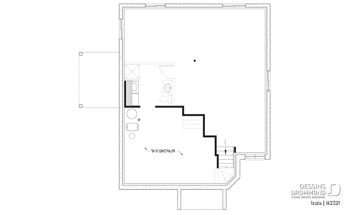 Sous-sol aménageable - Plan maison contemporaine 2 chambres, abordable, grand salon, salle de bain accessible de la chambre parents - Isaie