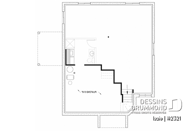 Sous-sol aménageable - Plan maison contemporaine 2 chambres, abordable, grand salon, salle de bain accessible de la chambre parents - Isaie