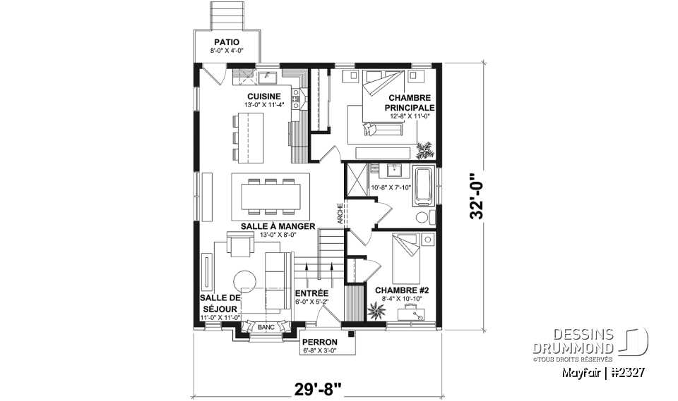 Rez-de-chaussée - Plan de plain-pied, 2 à 5 chambres, 1 ou 2 sdb, cuisine avec îlot, sous-sol aménagé optionnel ($) - Mayfair