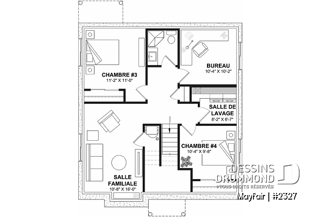 Sous-sol - Plain-pied d'inspiration campagne française, 2 à 5 chambres, 2 sdb, cuisine avec îlot, sous-sol aménagé - Mayfair