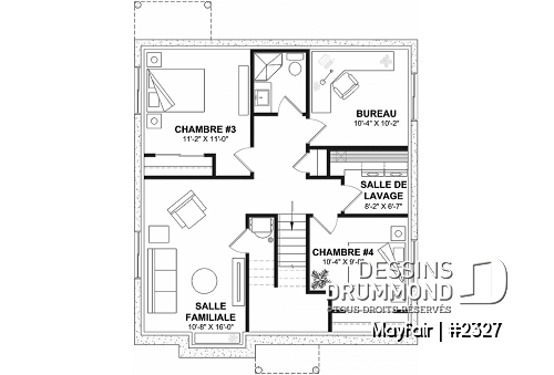 Sous-sol aménagé - Plan de plain-pied, 2 à 5 chambres, 1 ou 2 sdb, cuisine avec îlot, sous-sol aménagé optionnel ($) - Mayfair