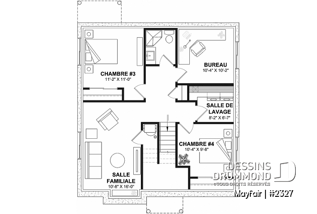 Sous-sol aménagé - Plain-pied d'inspiration campagne française, 2 à 5 chambres, 2 sdb, cuisine avec îlot, sous-sol aménagé - Mayfair