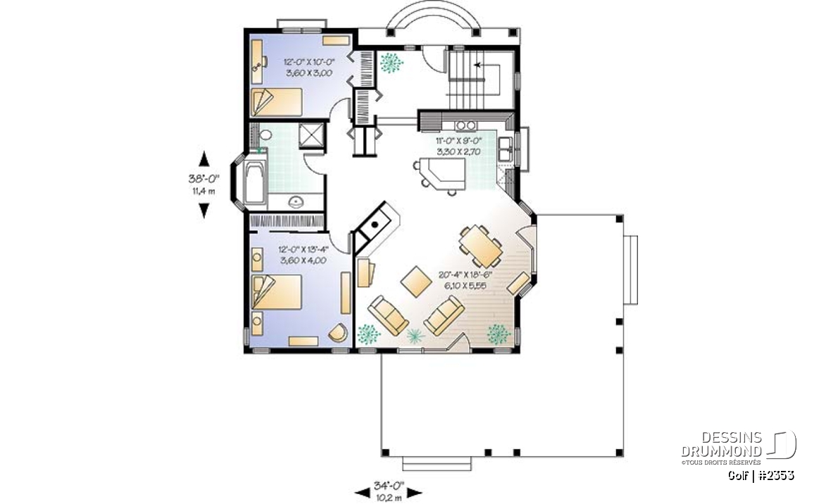 Rez-de-chaussée - Plan de bungalow lumineux, foyer central, cuisine avec îlot, pergola - Golf