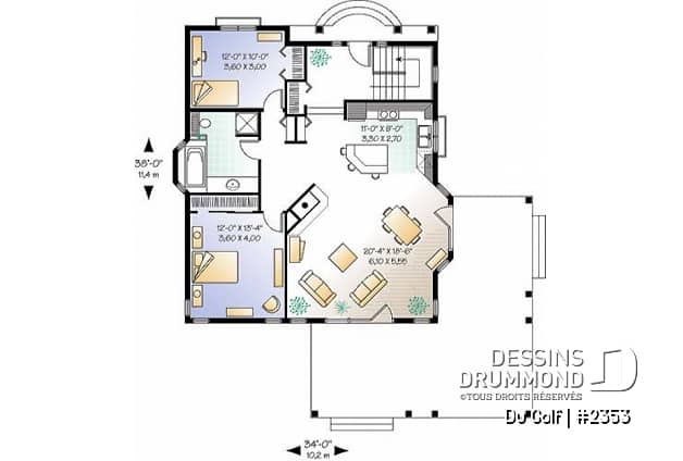 Rez-de-chaussée - Plan de bungalow lumineux, foyer central, cuisine avec îlot, pergola - Golf