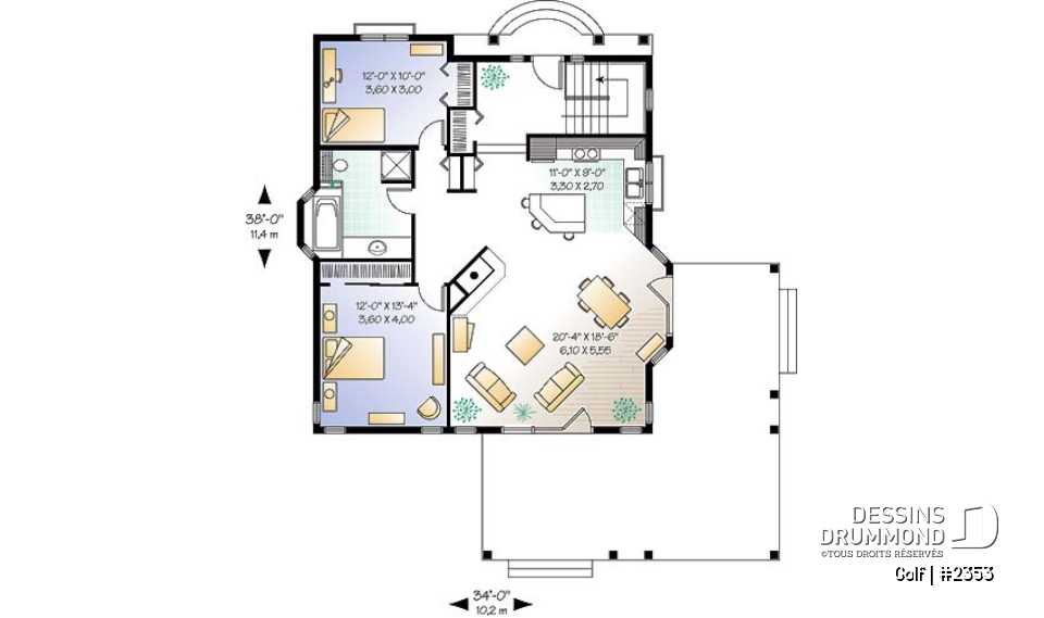 Rez-de-chaussée - Plan de bungalow lumineux, foyer central, cuisine avec îlot, pergola - Golf